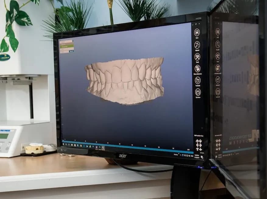 Doctor reviewing panoramic dental x-ray on screen