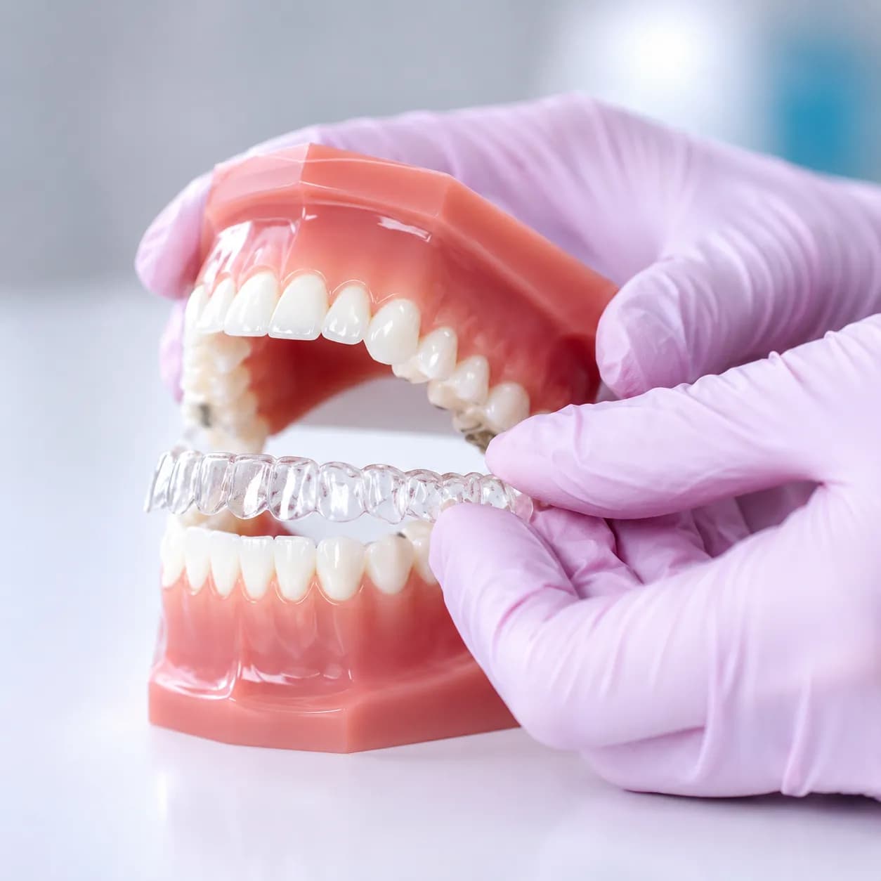 Hand holding clear custom Invisalign aligners